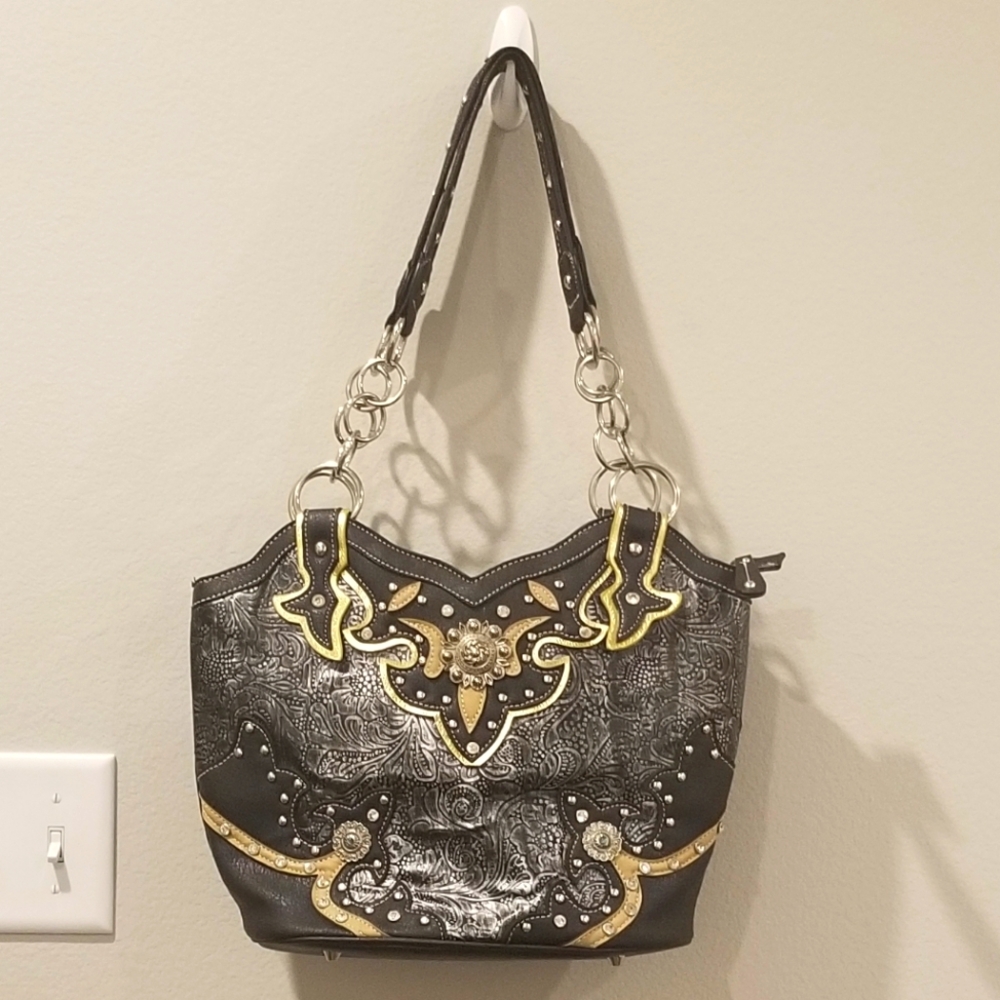 Elegant Black and Gold Women's Cowgirl Trendy Conceal Carry Shoulder Purse